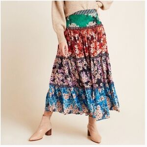 ⭐️ Anarosa Rainbow Ruffle Floral Tiered Hipster Hippie Artsy Chic Hip Maxi Skirt